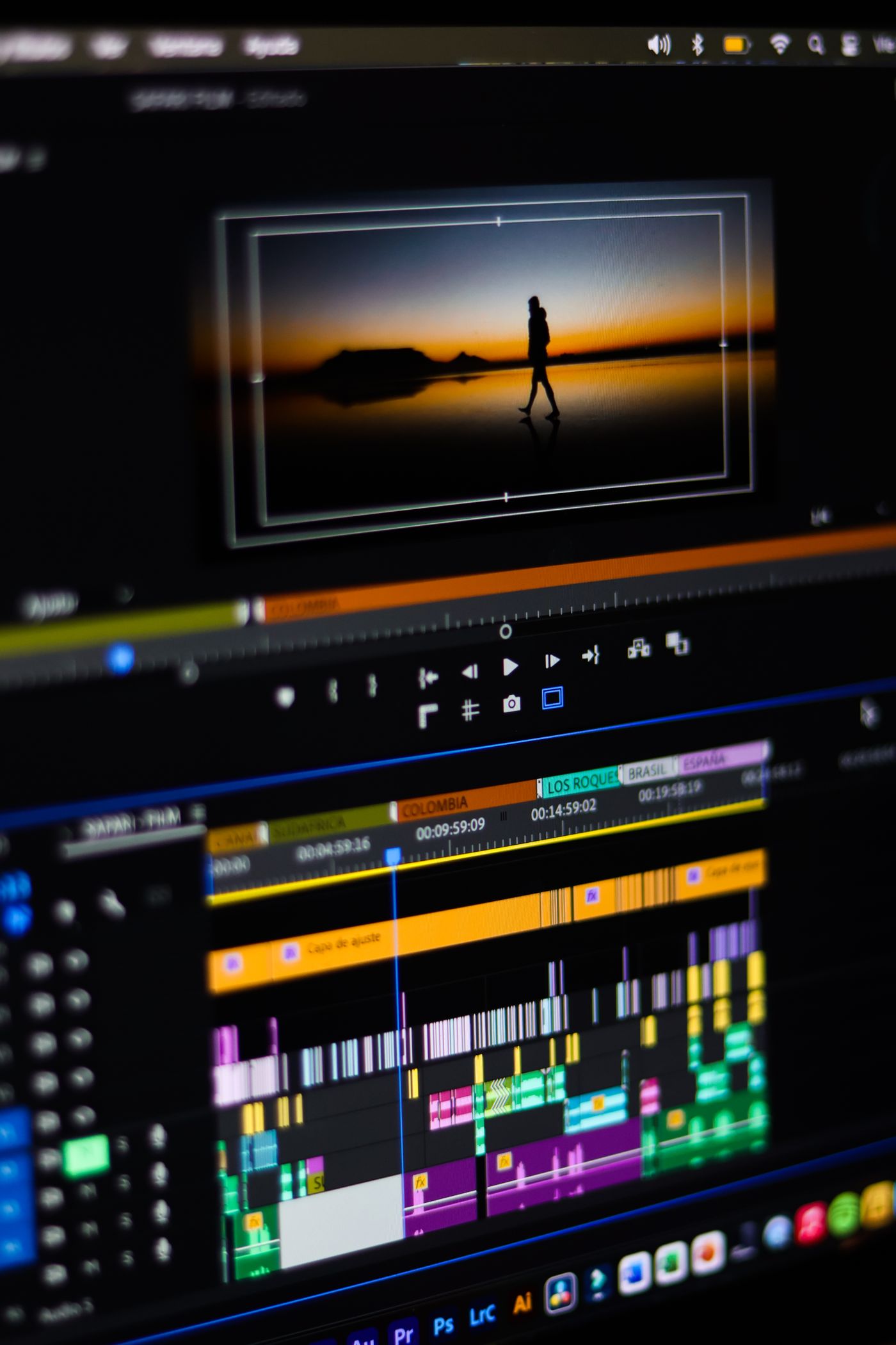 An editing monitor displaying a landscape preview and a multitrack timeline